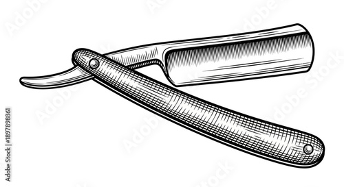 Straight Razor Engraving Illustration. Vintage Barber Tool, Cut-Throat Shaving Blade, Black and White Retro Woodcut Style Graphic.