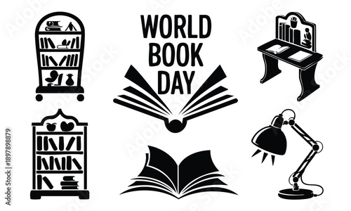 Bundle world book day silhouette icons with library shelf and table