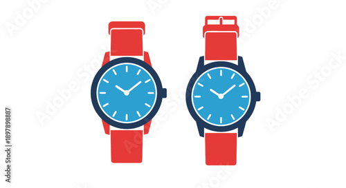 Two minimalist wristwatches with red straps and blue faces are displayed