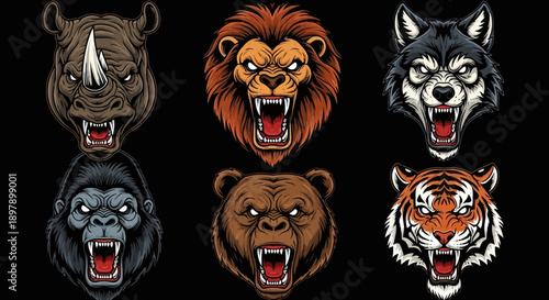 Set of 6 Fierce Animal Heads Mascot Vector Illustration: Lion, Tiger, Wolf, Bear, Gorilla, Rhino Roaring Logos
