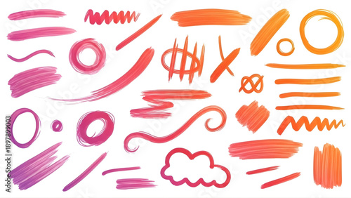 Hand drawn colorful brush strokes and shapes in pink orange and red hues