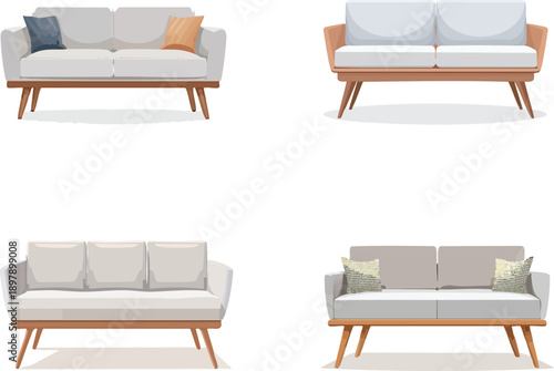 Comfortable living room sofa bench, light gray, brown legs.