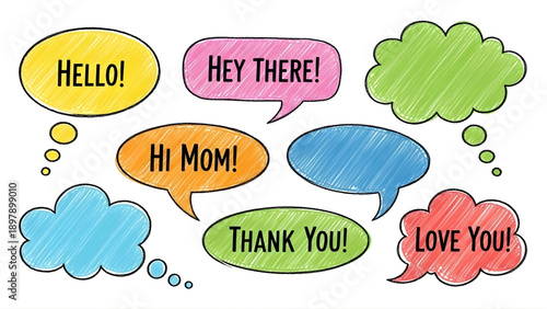 Hand drawn colorful speech bubbles with greetings and expressions