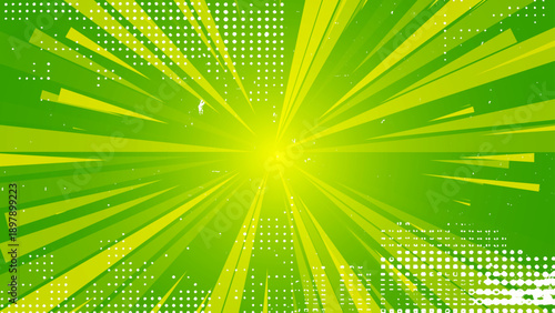 Green radial lines with grunge halftone background texture. Vector illustration