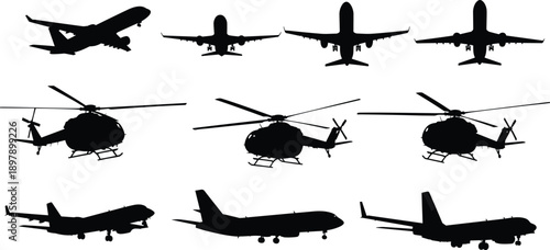Collection of various aircraft silhouettes featuring airplanes and helicopters isolated on white background for aviation travel transportation and military air force design elements