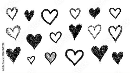 Hand drawn hearts in black and white