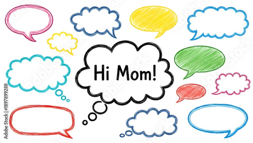 Hand drawn colorful speech bubbles with hi mom message