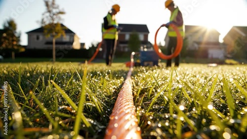 Utility workers install fiber optic cable residential area morning sun