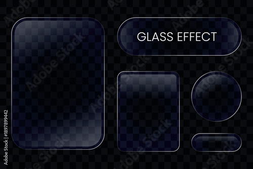 Glass Effect UI Elements: Transparent Buttons and Shapes with Subtle Highlights, Ideal for App Design and UX Interface