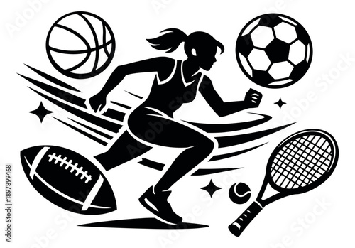Dynamic sports graphic set featuring a running female athlete, basketball, soccer ball, football, tennis racket and ball for active lifestyle promotion