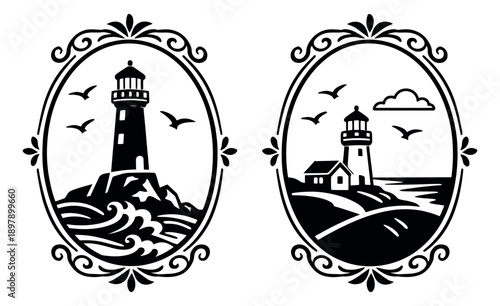 Elegant silhouette lighthouse set featuring coastal scenes and decorative frames for maritime themes