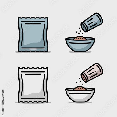 Seasoning packets and bowls illustration.