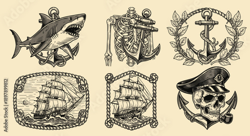 Vintage Nautical Tattoo Set: Engraving Style Maritime Emblems Collection featuring Shark, Skeleton Anchor, Sailing Ships, and Captain Skull