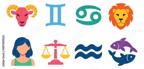 Flat colorful zodiac sign icons set featuring Aries, Gemini, Cancer, Leo, Virgo, Libra, Aquarius, and Pisces for astrology and horoscope illustrations