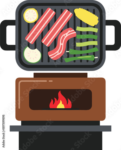 Colorful Vector Illustration of a Portable Tabletop Grill Cooking Meat and Vegetables over an Open Flame Fire Pit Isolated on a White Background