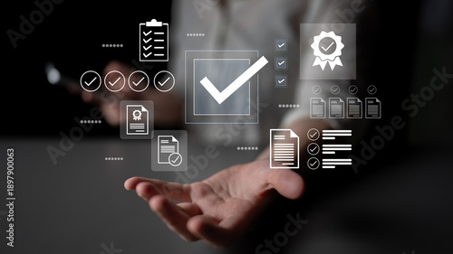 Foto A person extends their hand with virtual icons around, symbolizing success, verification, and achievement in a business environment, showcasing digital transformation