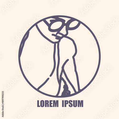 Illustration of a beautiful fashion model posing in a stylish swimsuit. Young attractive woman in bikini. Top view. Fashion emblem in a round frame.