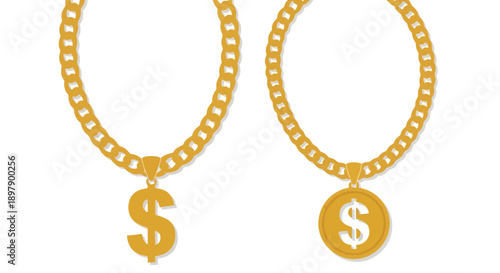 Two golden necklaces with dollar sign pendants against a white background