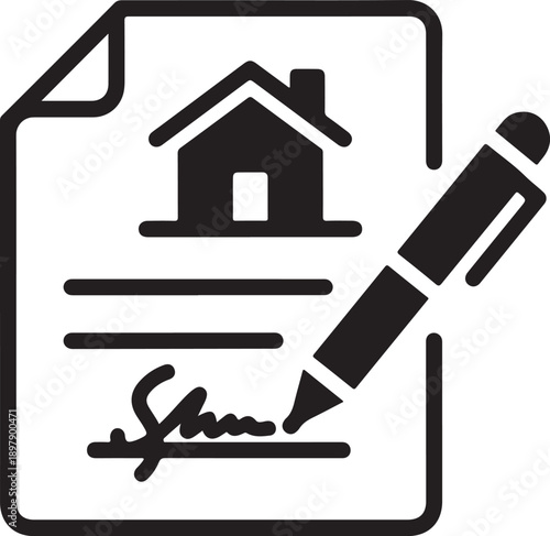Real estate contract signing icon: house document with pen and signature isolated on white background, illustration