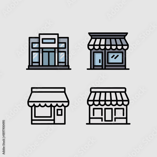 Four storefronts with awnings and facades.