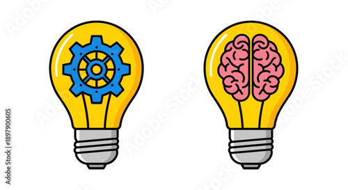 Two lightbulbs, one with a blue gear representing mechanics and engineering, the other with a pink brain symbolizing thought and intelligence.