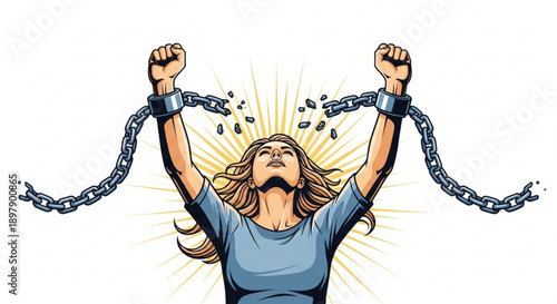 Woman Breaking Free from Chains, Isolated on White Background, Symbolizing Freedom and Empowerment