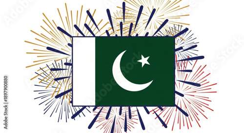 Pakistan Flag Celebrating Independence Day with Colorful Fireworks on White Background