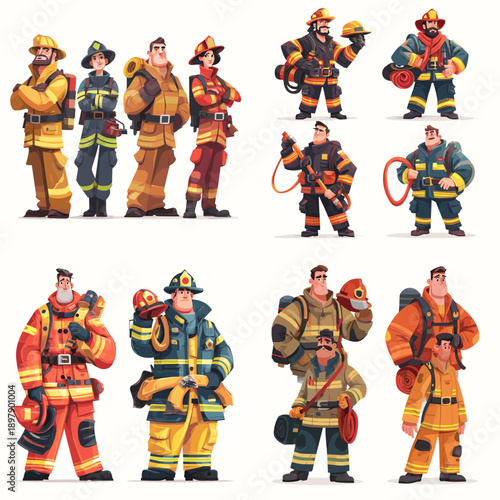 Firefighter illustration set with emergency responders in protective gear ideal for rescue concepts safety education public service campaigns and emergency response design
