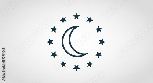 Crescent Moon Surrounded by Stars on White Background