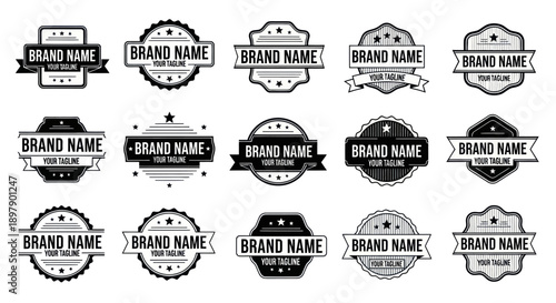 Collection of Black and White Labels and Badges.