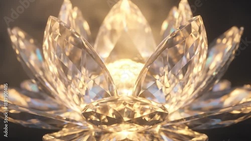 A luminous faceted crystal lotus flower with a glowing golden center rests on a reflective surface against a dark misty background