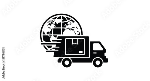 Black silhouette of a delivery truck carrying a globe