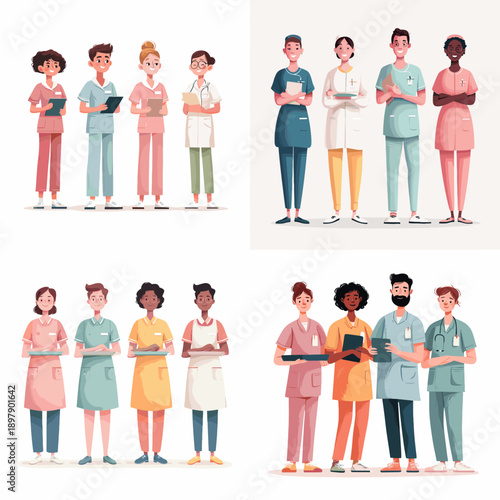 Medical staff illustration set featuring nurses and doctors standing together ideal for healthcare concepts hospital presentations training materials and professional design use
