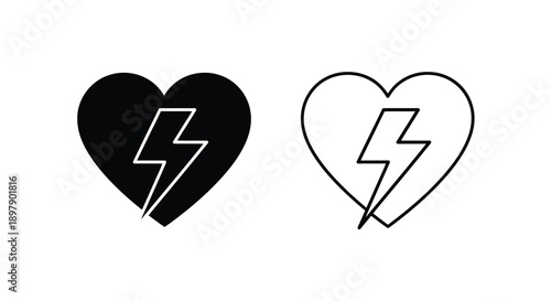 Two hearts split by lightning bolts one filled one outlined