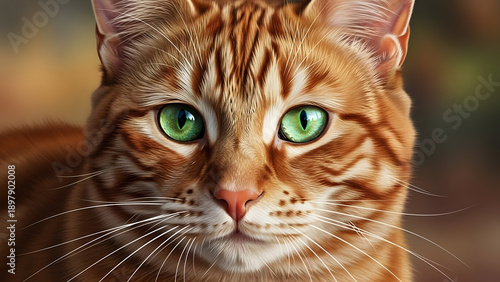A close up portrait of an orange tabby cat with intense green eyes looking directly at the camera