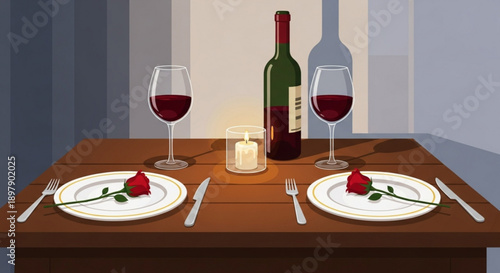 Romantic dinner setting with two place settings wine bottle glasses and rose perfect for Valentines Day or anniversary celebration