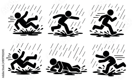 Pictogram icon set featuring people slipping and running in rain puddles for hazard warnings