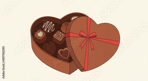 Heart shaped box of assorted chocolates gift for Valentines Day sweet treats for celebration isolated on cream background