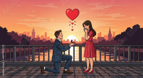 Man proposing marriage with ring to woman on bridge at sunset romantic city skyline background love and engagement concept