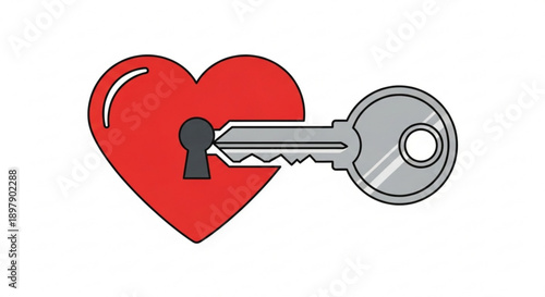 Red heart with a key in the lock symbolizing love relationships and unlocking secrets isolated on white background