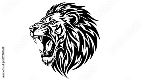 A black and white illustration of a roaring lion's head.