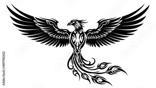 a black and white drawing of a phoenix.