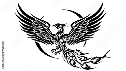 a black and white drawing of a phoenix.