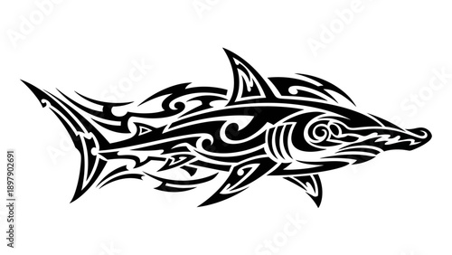Tribal shark tattoo design with swirling patterns.
