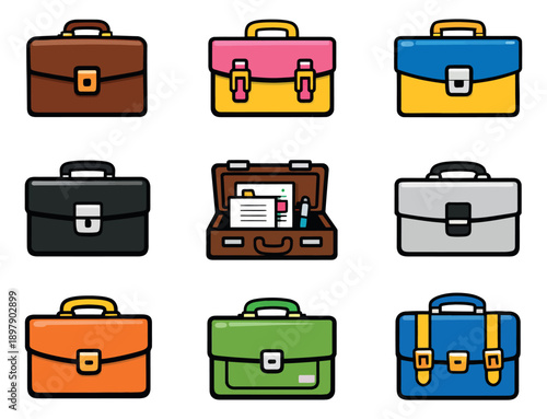 Cartoon line art briefcase set featuring colorful business and school bags, including an open one, for professional, education, and travel themes