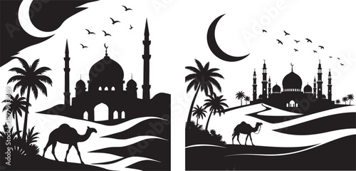 Desert Oasis Scene - Silhouette of Mosques, Camels, and Palm Trees Under Crescent Moon