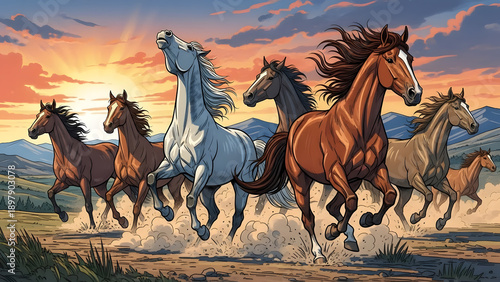 A group of colorful wild horses galloping through a dusty landscape during a vibrant sunset with mountains in the background