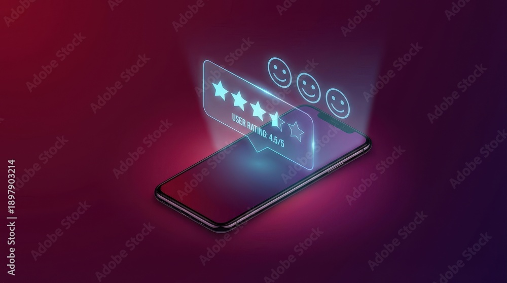 Fototapeta premium Mobile phone smartphone user experience rating five star review feedback satisfaction happy face customer app interface Mobile phone with glowing five star user experience rating review feedback