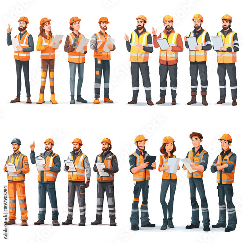 Construction worker illustration set wearing safety helmets and vests ideal for industrial workforce concepts safety training manuals engineering presentations and labor design projects