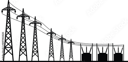 A descending line of black silhouette electricity pylons and transformers against a white background illustrating power distribution and substations